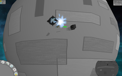 Screenshot showing an MG-Tower shooting at a spaceship and another ship exploding.